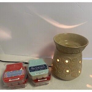 Scentsy Electric Wax Warmer Beige and Ceramic Swirl Design Plus 4 Scent Bars